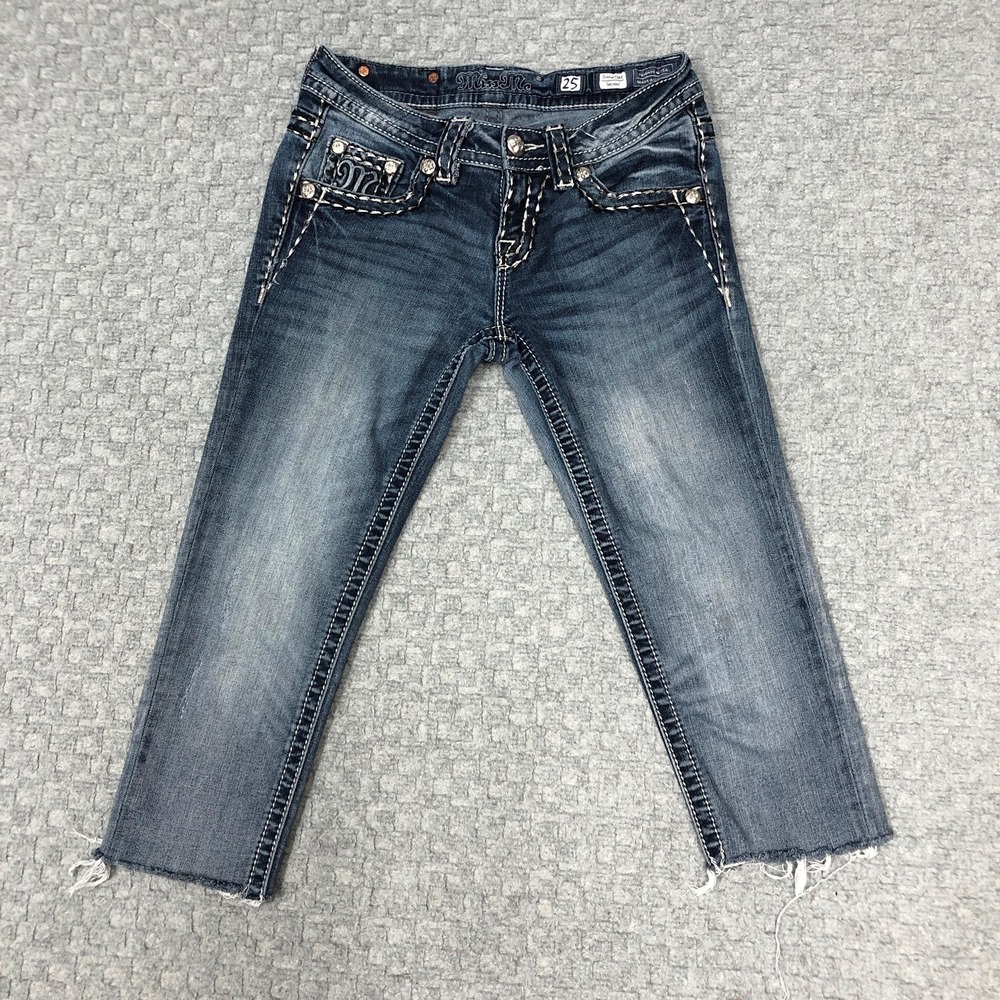 Miss Me Signature Skinny Jeans Womens 25 Blue Distressed Raw Hem Everyday Casual